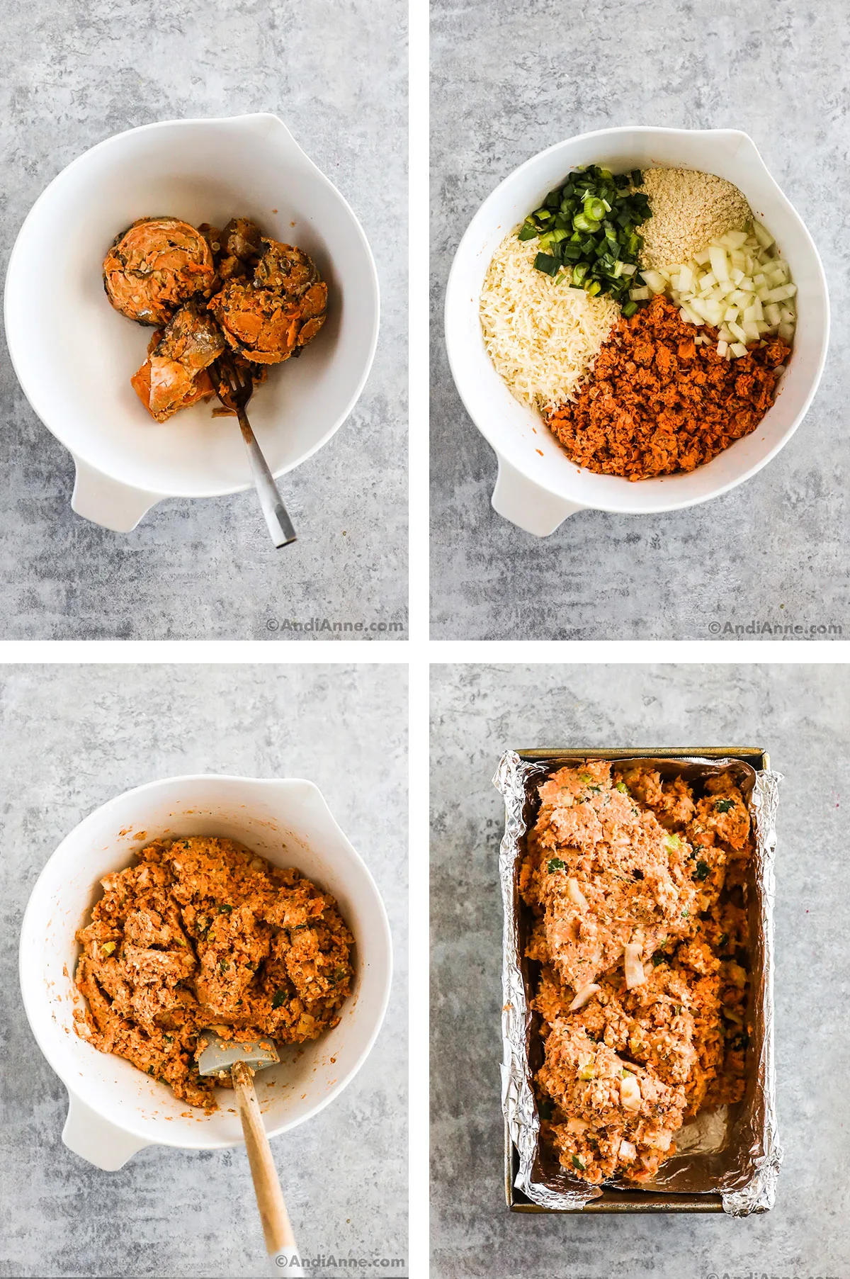 Four images showing steps to make recipe including, bowls of mixed ingredients at different stages, and a loaf pan with salmon loaf mixture dumped in.