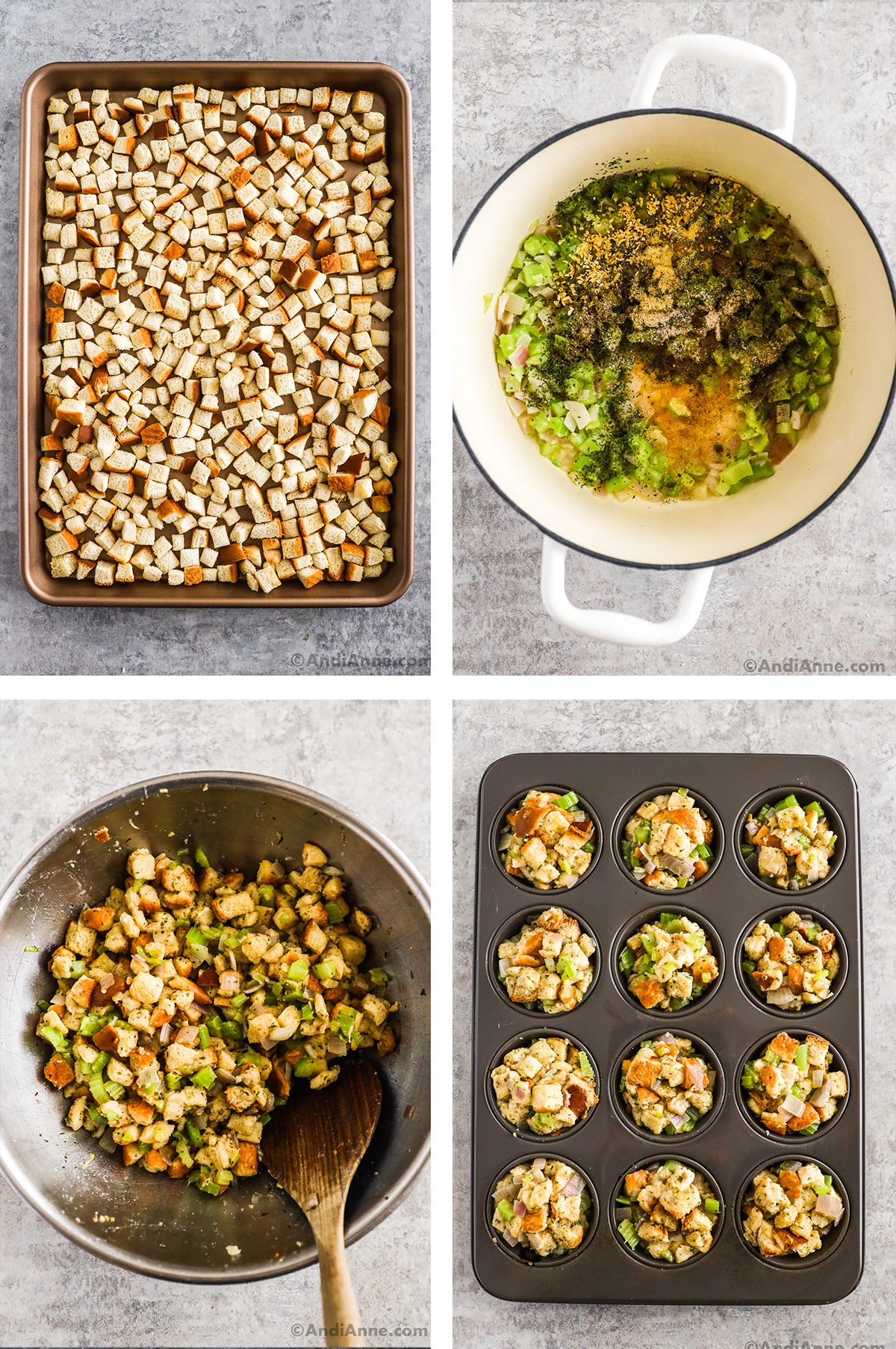Four images grouped together. Toasted bread crumbs on a baking sheet. A white pot with cooked vegetables and spices. A steel bowl with stuffing ingredients mixture inside. A muffin pan with stuffing muffins recipe.