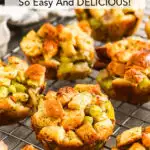 Close up of stuffing muffins with the text "amazing stuffing muffins. So easy and delicious" above the image.
