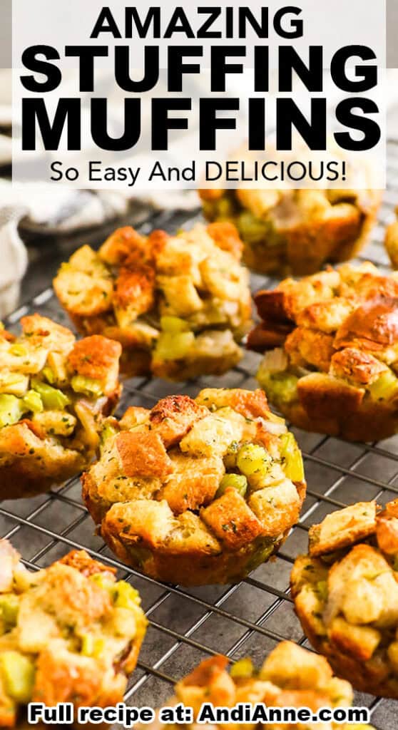 Close up of stuffing muffins with the text "amazing stuffing muffins. So easy and delicious" above the image.