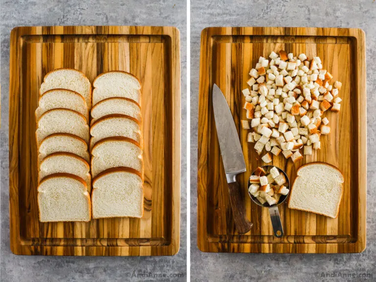 A cutting board with slices of bread, and then bread cut into cubes and a knife.