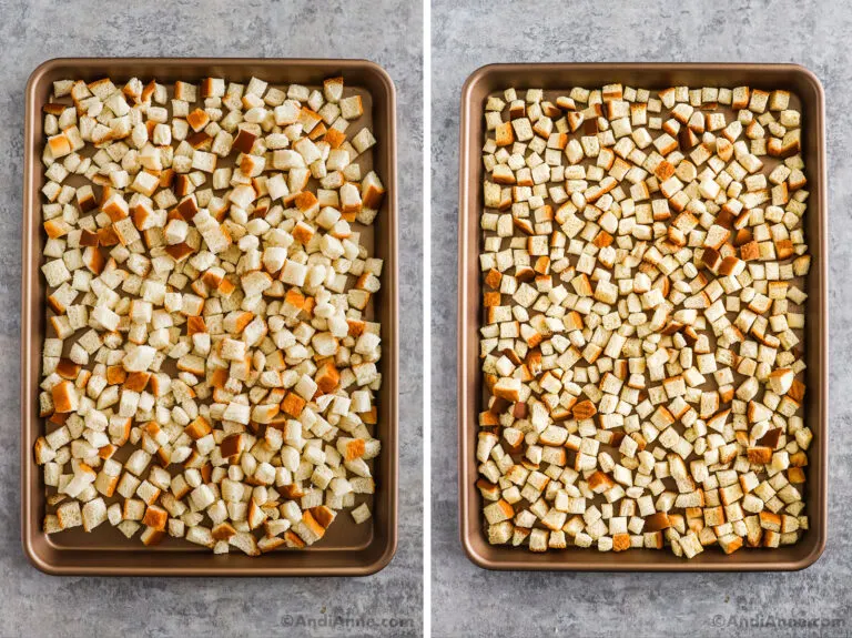 Two images of a baking sheet, first with unbaked bread cubes, second with baked bread.