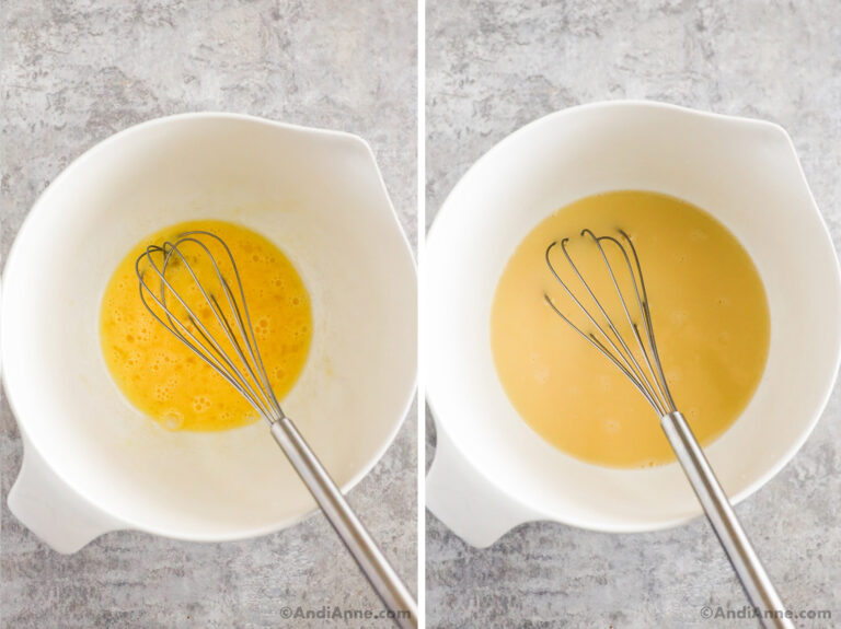 Beaten eggs with a whisk in a bowl, then broth is mixed in.