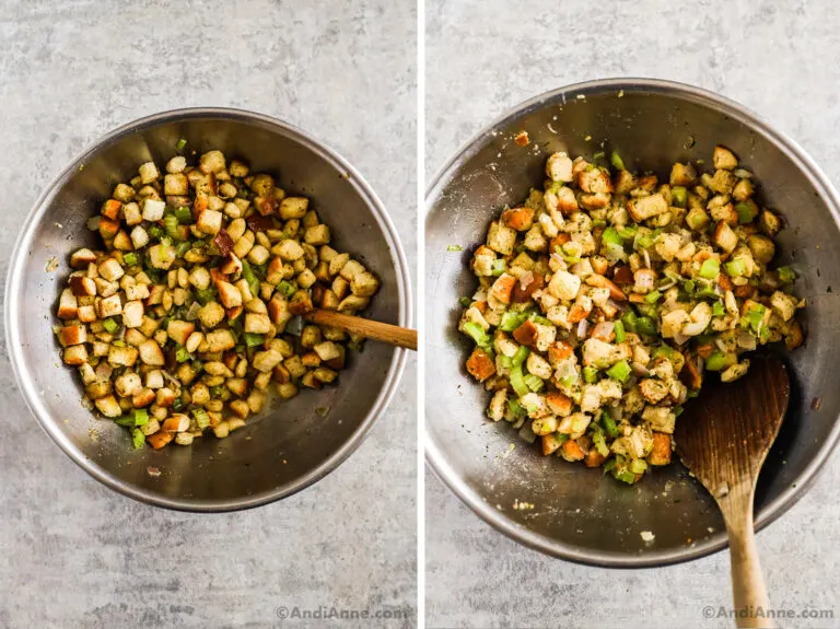 Two images of stuffing mix in a steel bowl with.