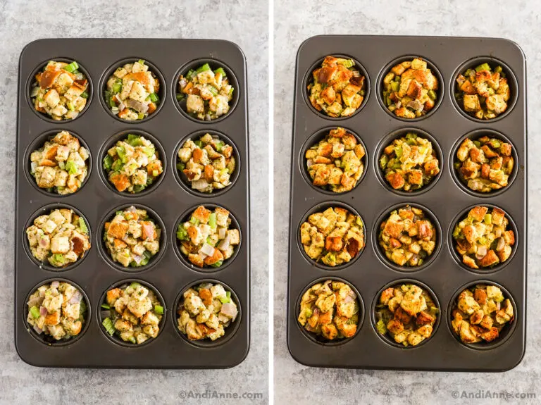 Stuffing muffins in a muffin pan, first image is unbaked, second is baked.