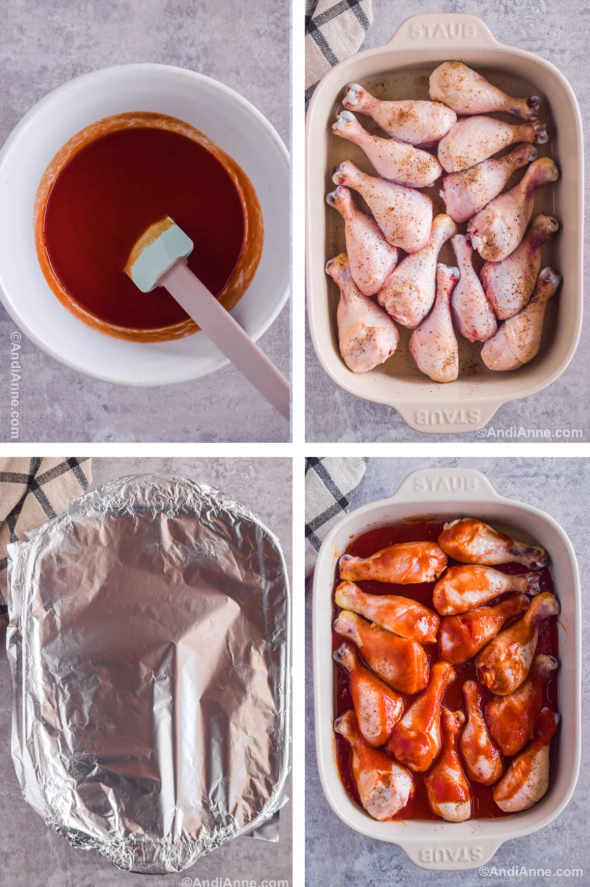 Four images showing steps to make recipe including bowl of sweet and sour sauce with spatula, casserole dish with raw chicken legs, foil covering casserole dish and sweet and sour sauce covering chicken legs.