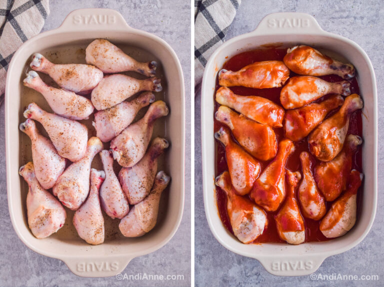 Two images of a white casserole dish. First with baked plain chicken legs. Second with chicken legs covered in red sauce.