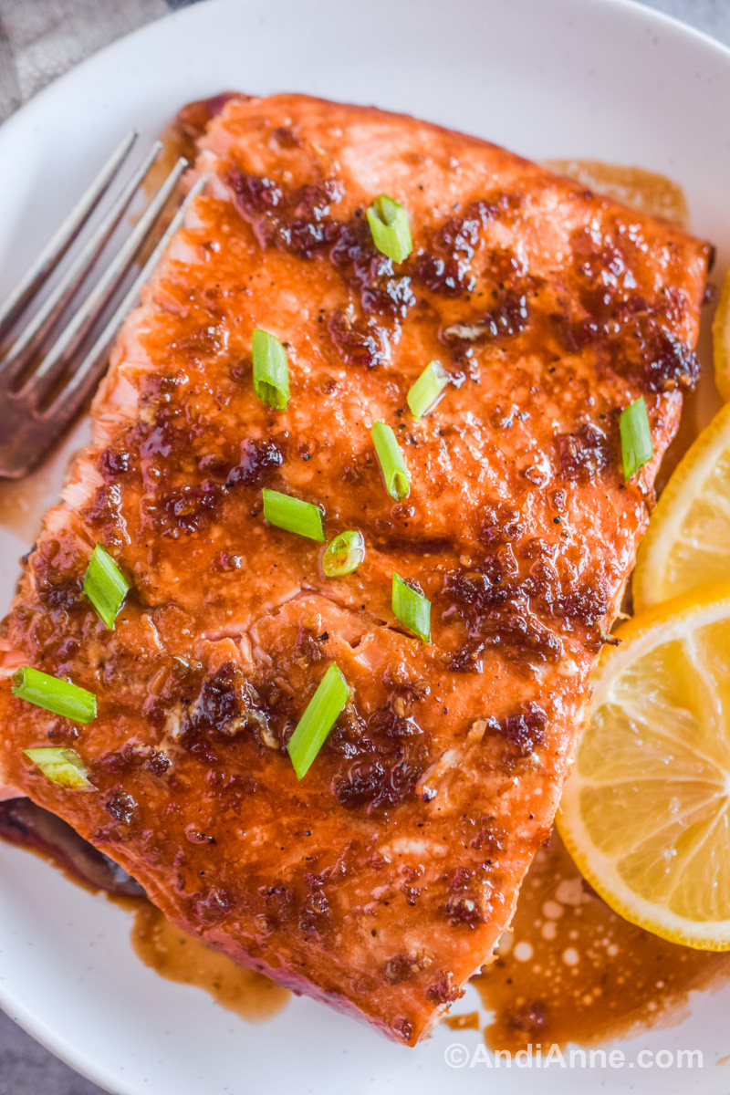 Close up of baked salmon with soy sauce brown sugar topping, sliced green onions and lemon slices.