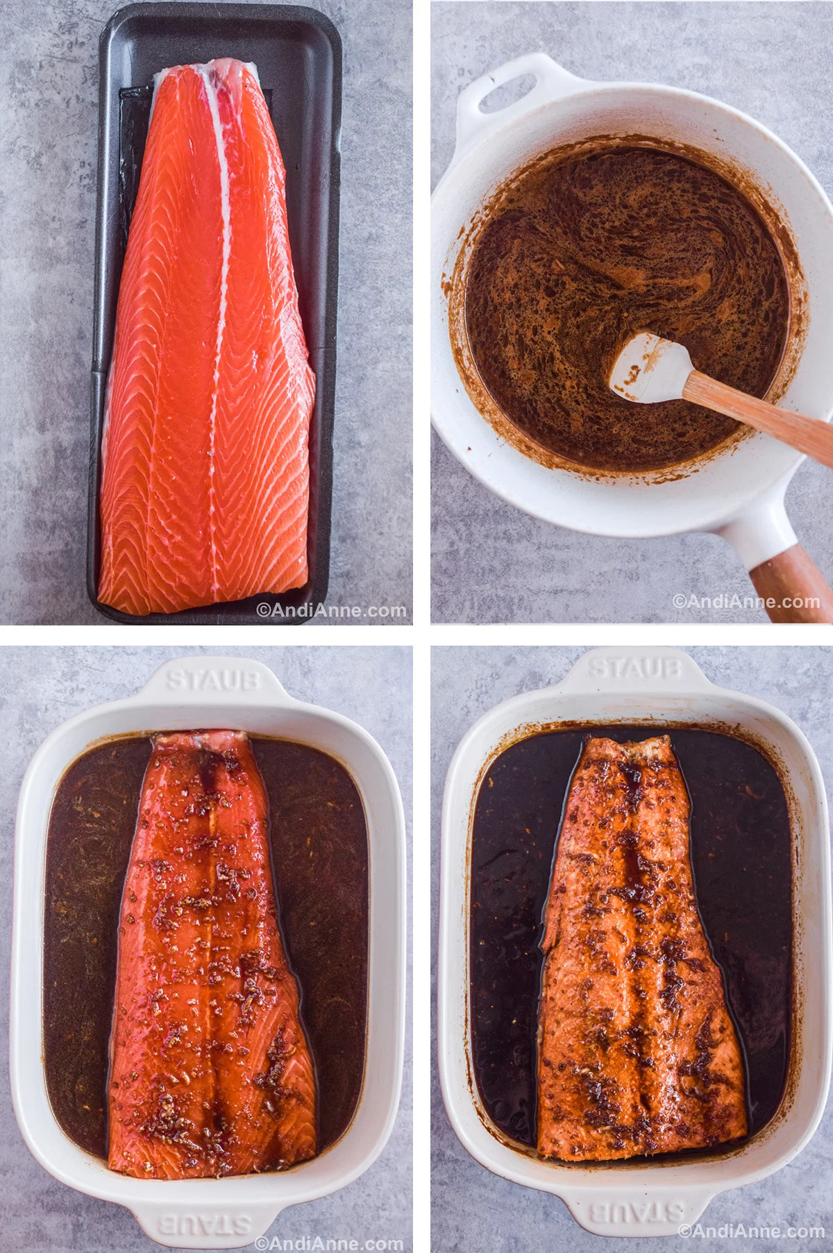 Four images showing steps to make recipe. First is raw salmon fillet. Second is brown sauce in a white pot. Third is raw salmon covered with brown sauce in a white dish. Fourth is baked salmon in sauce in the baking dish.
