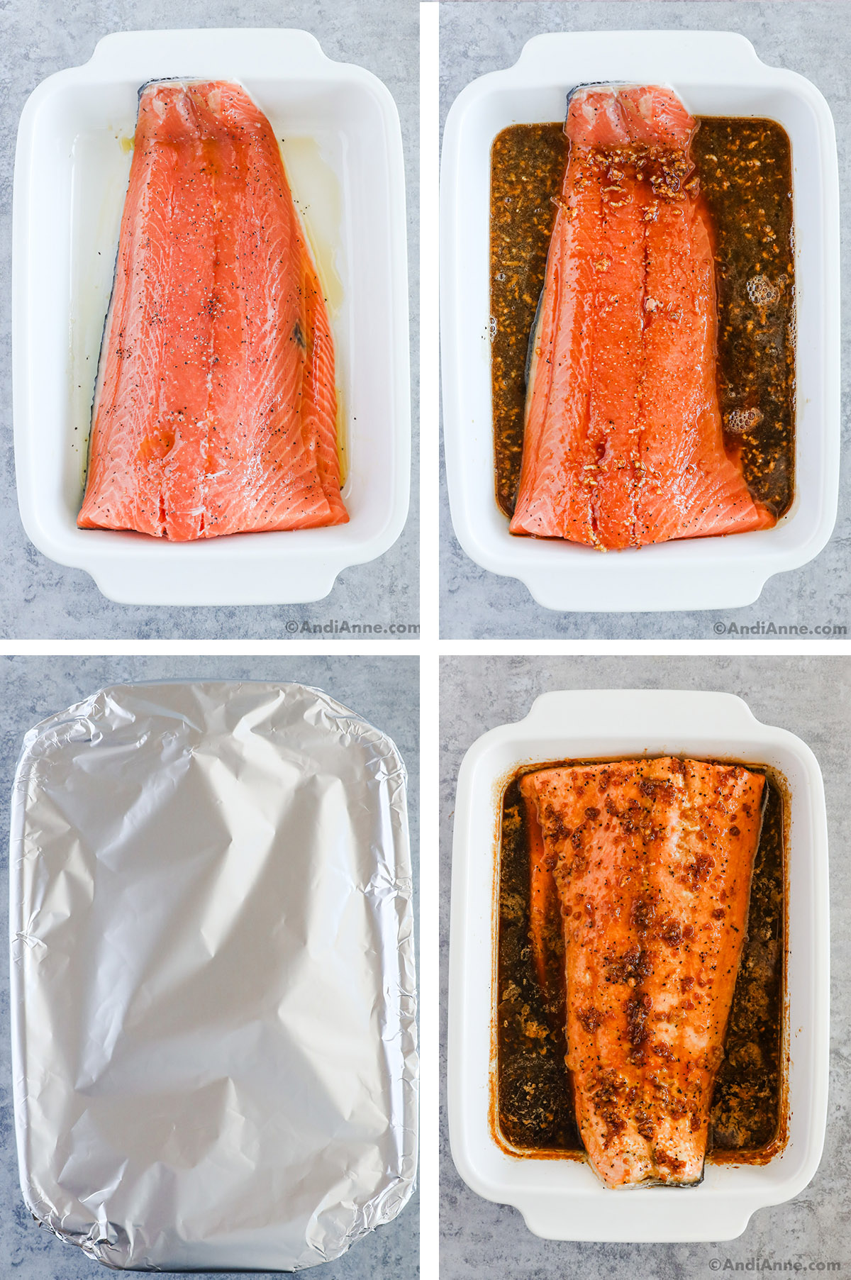 Four images together of casserole dish with raw salmon fillet. First seasoned with salt and pepper. Second with brown sugar soy sauce added, third covered in foil, fourth baked and in sauce.