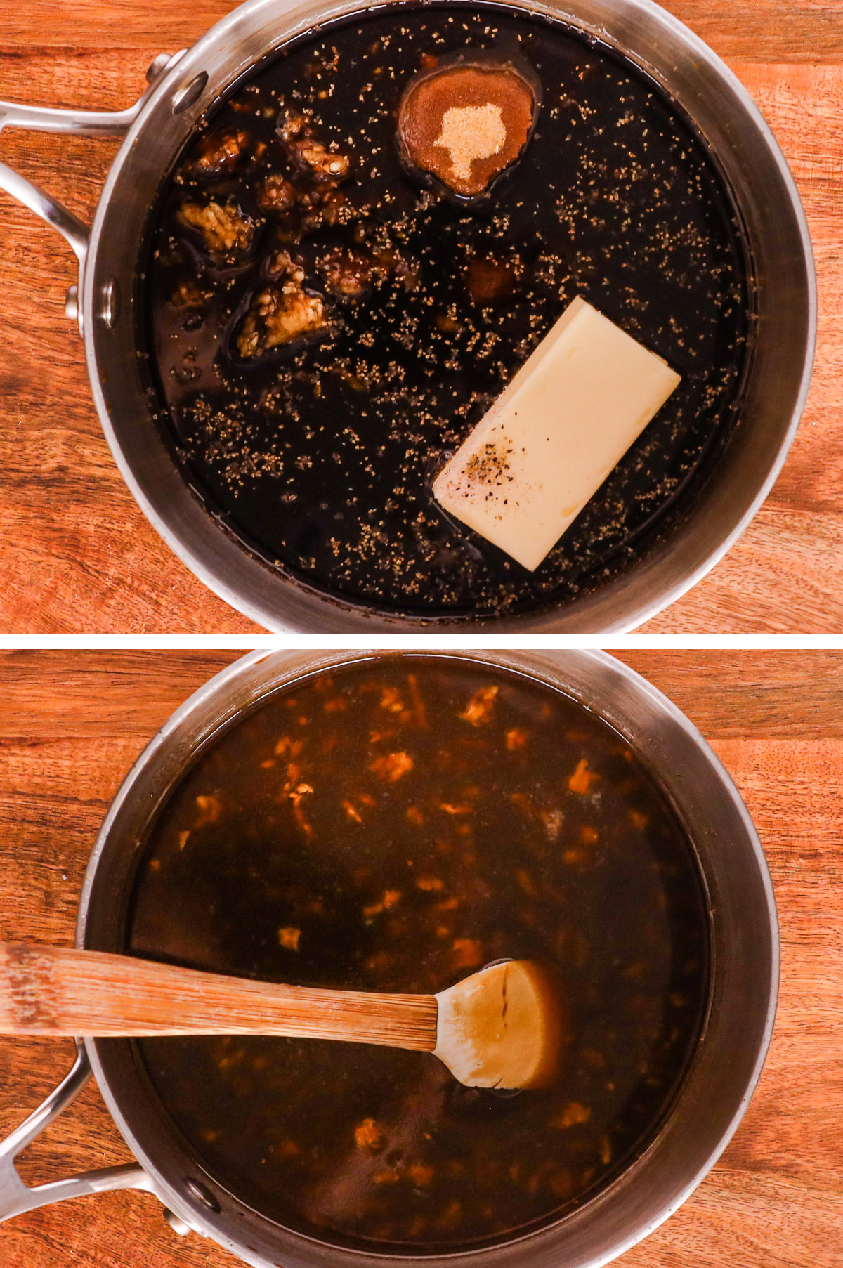 Two images grouped together. First is butter, sugar and dark liquid unmixed. Second is a dark brown sauce mixed in pot. 