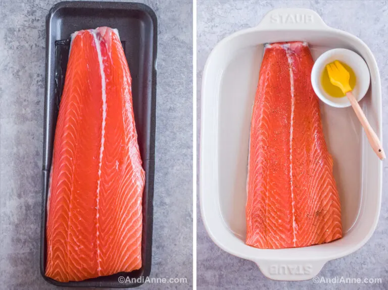 Two images, first is raw salmon fillet. second is salmon and bowl with brush in a white baking dish.