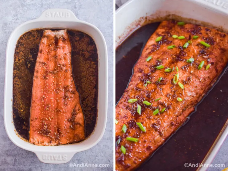 Two images of baked salmon in brown sugar soy sauce glaze, one with green onion on top.