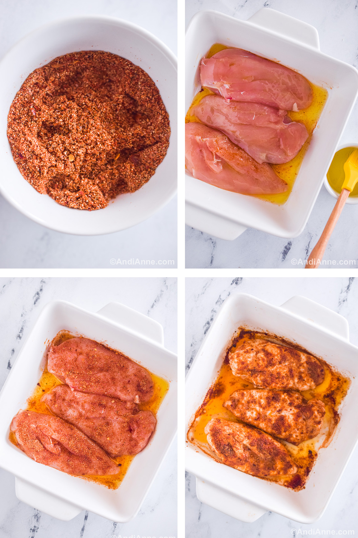 Four images showing steps to make the recipe. First is a bowl of spices. Second is a white baking dish with 3 raw chicken breasts and olive oil. Third is taco seasoning sprinkled on top. Fourth is baked chicken breasts in the white dish.
