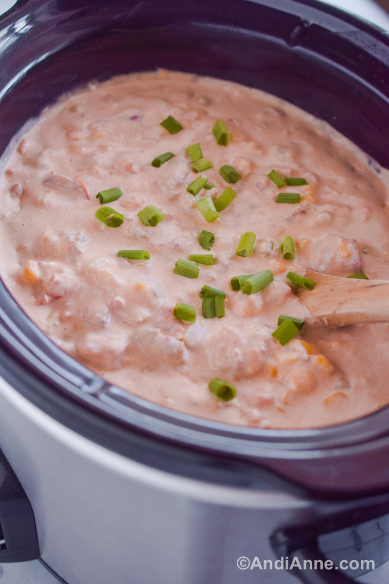 Close up of cowboy crack dip in the slow cooker, topped with chopped green onion.