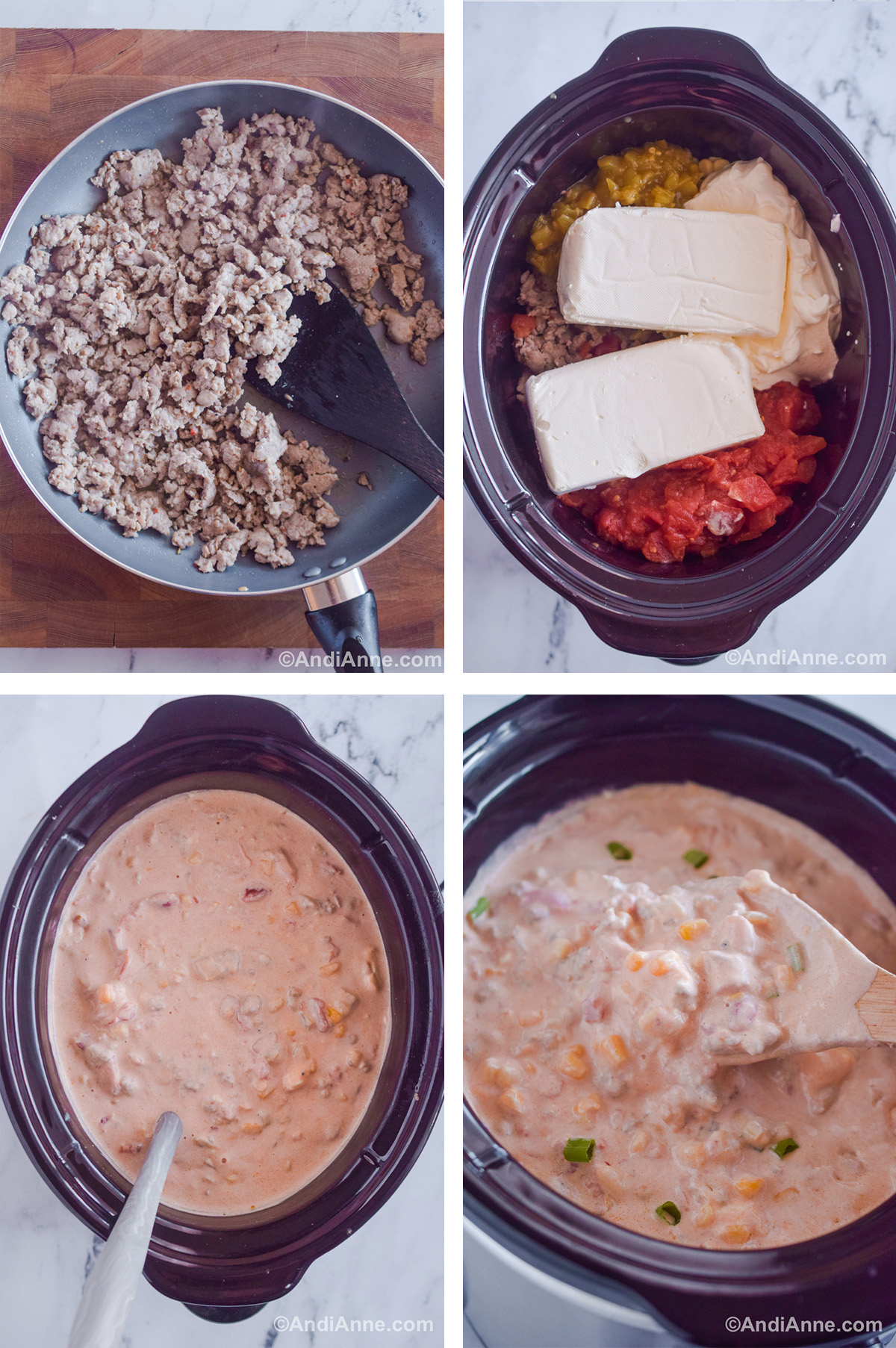 Four images showing steps to make the recipe, First is cooked crumbled ground sausage in a frying pan. Second is cream cheese and other ingredients dumped in the slow cooker. Third is the mixed cowboy crack dip in the slow cooker. Fourth is a close up of a spoon scooping the dip in the slow cooker.