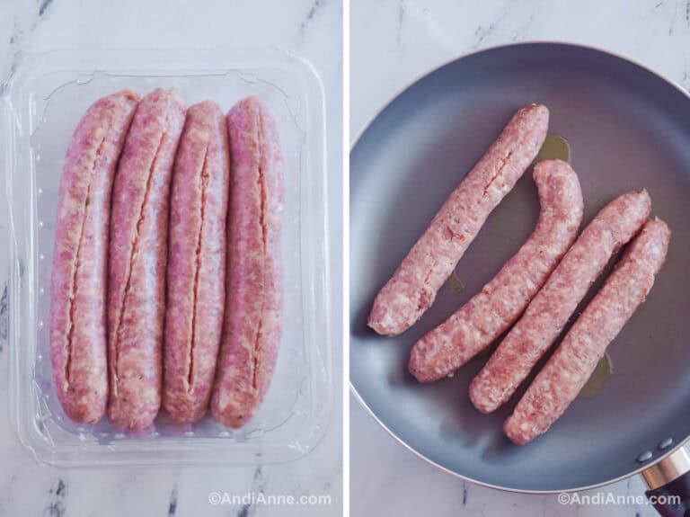 Two images, first is sausages in a clear package with a slit running down each side. Second is sausages in a frying pan.