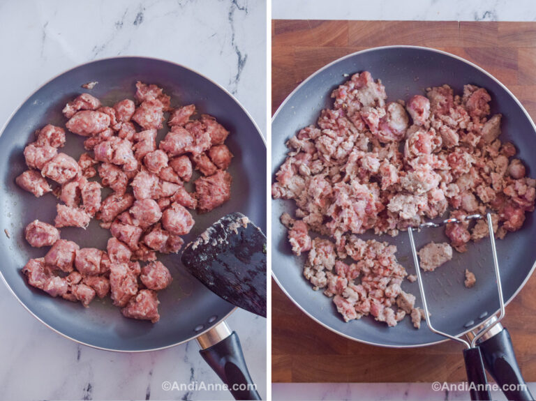 Two images or a frying pan. First is with raw ground sausage broken into chunks. Second is with baked ground sausage.