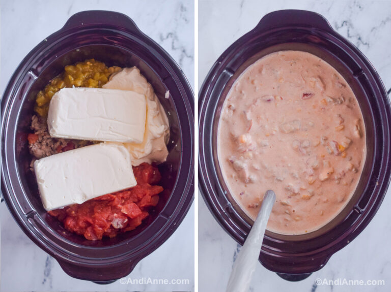 Two images of a slow cooker first is with blocks of cream cheese, diced tomatoes, ground beef and sour cream dumped in. Second is with cowboy crack dip mixed together into a light creamy dipping sauce.