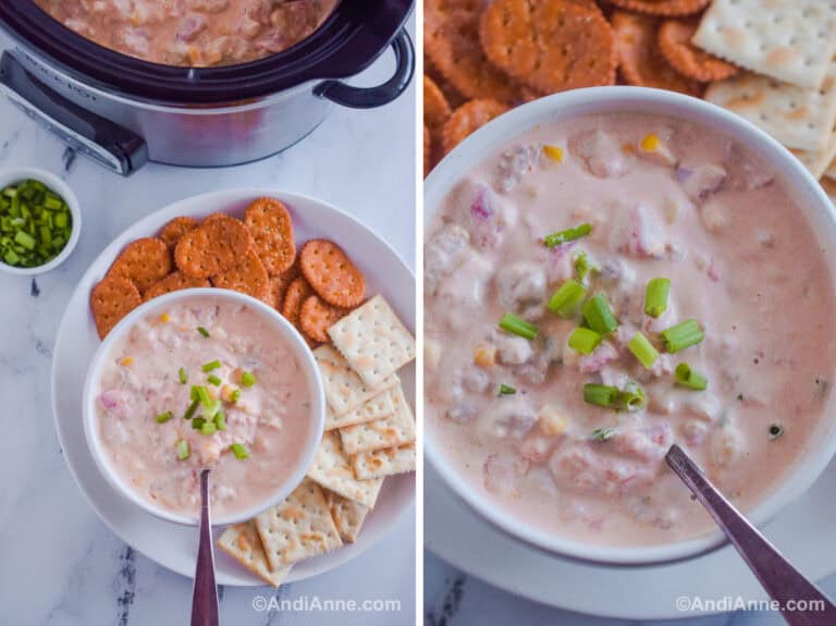 Two images of cowboy crack dip in a white bowl surrounded by crackers with the slow cooker in the background.