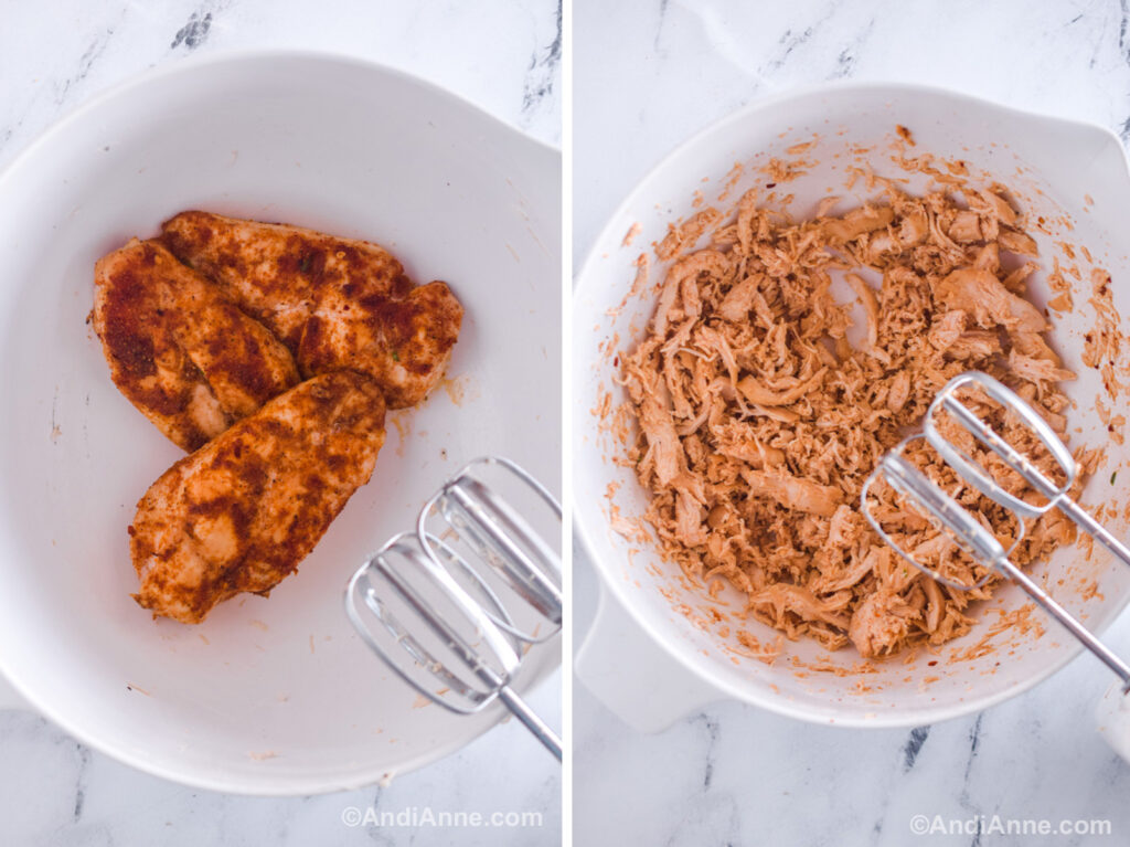 Two images showing how to shred chicken. First is chicken breast in a bowl with hand mixer. Second is shredded chicken in same bowl with hand mixer.