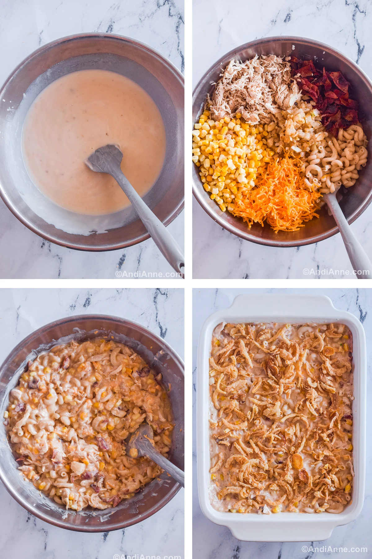 Four images of steps to make recipe. First is creamy of mushroom soup in a steel bowl with a spatula. Second is corn, shredded cheese, shredded chicken, bacon and pasta in the steel bowl with a spatula. Third is all ingredients stirred together to create a creamy mixture. Fourth is chicken casserole poured into white dish with french onions on top.