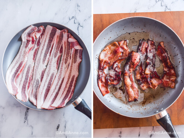 A frying pan with bacon slices and a frying pan with cooked bacon.