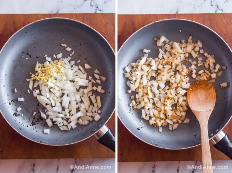 Before and after of a frying pan with chopped onion and garlic, uncooked then cooked.