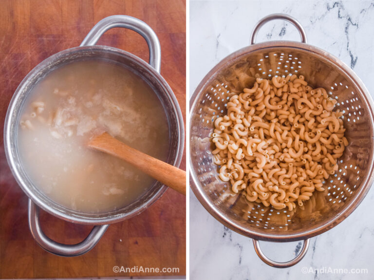 A pot with water and cooked pasta. And a strainer with pasta noodles.