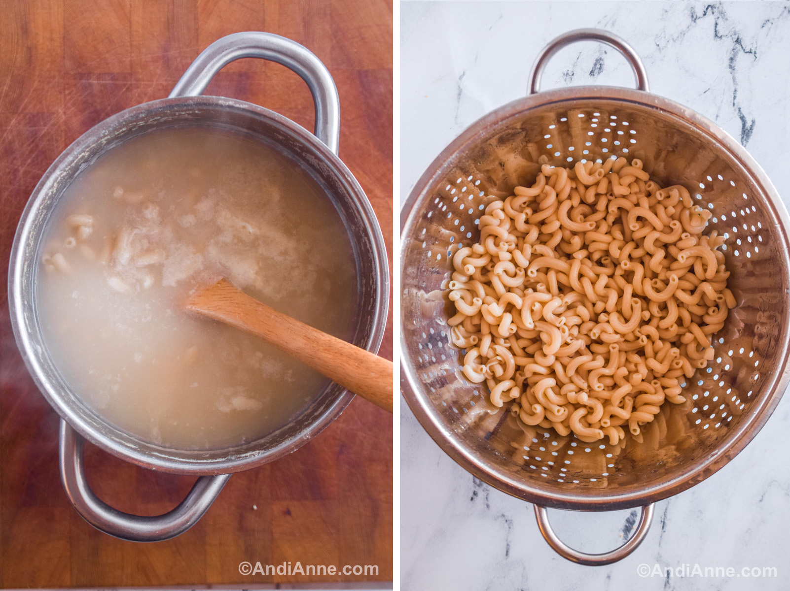 A pot with water and cooked pasta, and a strainer with cooked spiral pasta noodles.