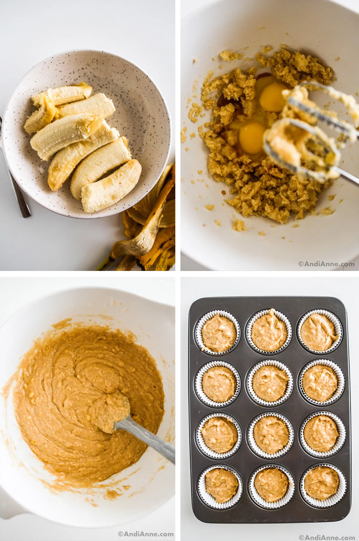 Four images grouped together. First is sliced bananas in a bowl. Second is mixed wet ingredients and two raw eggs dumped in a large white bowl with electric mixer. Third is wet batter in a white bowl with spatula. Fourth is unbaked muffins in a muffin pan.