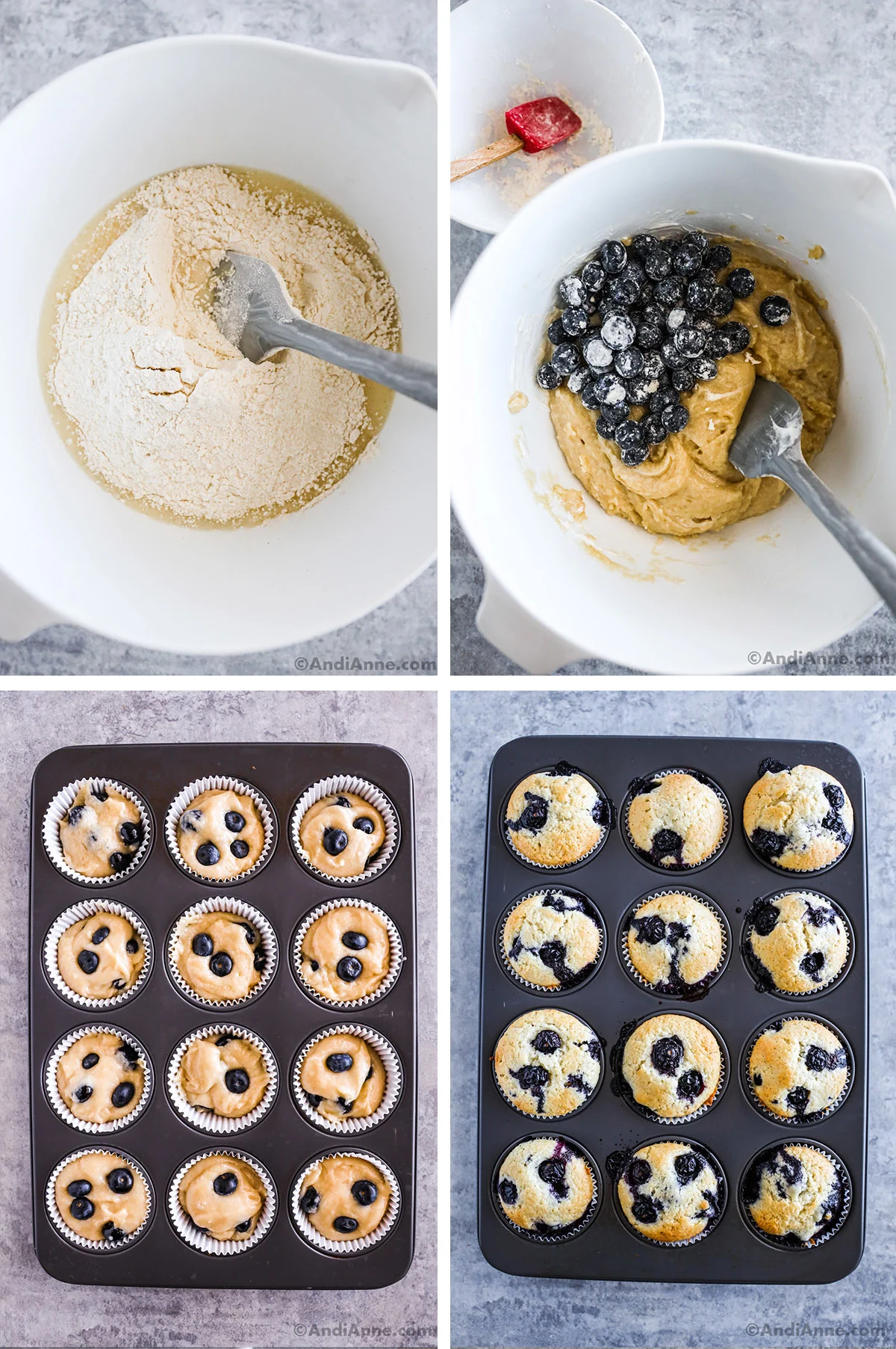 Four images grouped together including a bowl with dry ingredients, a bowl of batter with blueberries on top, unbaked muffins in a pan, and baked muffins in a pan.