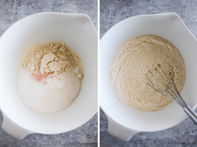 Two images of dry ingredients in bowl, first unmixed second mixed.