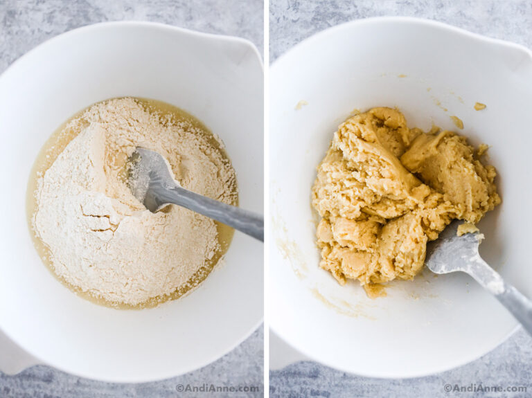 Two images of a white bowl with dry ingredients, second with batter.