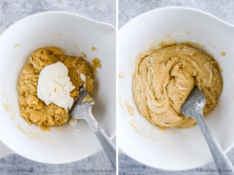 Two images of a white bowl with wet ingredients and sour cream, second with batter.