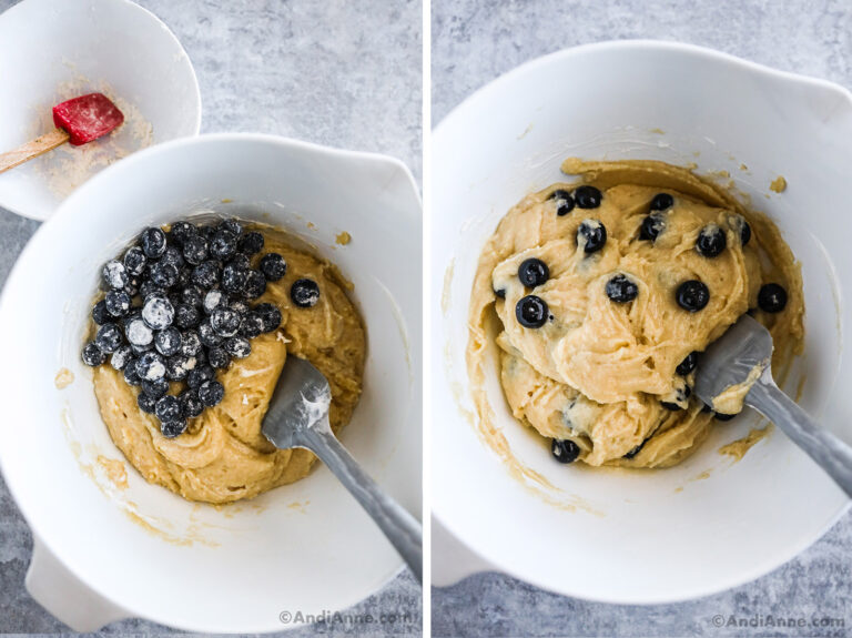 Two images of a white bowl with dry blueberries on top of batter, second with batter mixed.