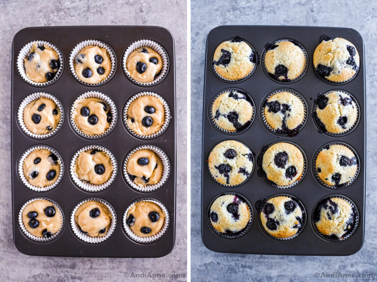 Two images of a muffin pan, first with unbaked muffins second with baked.