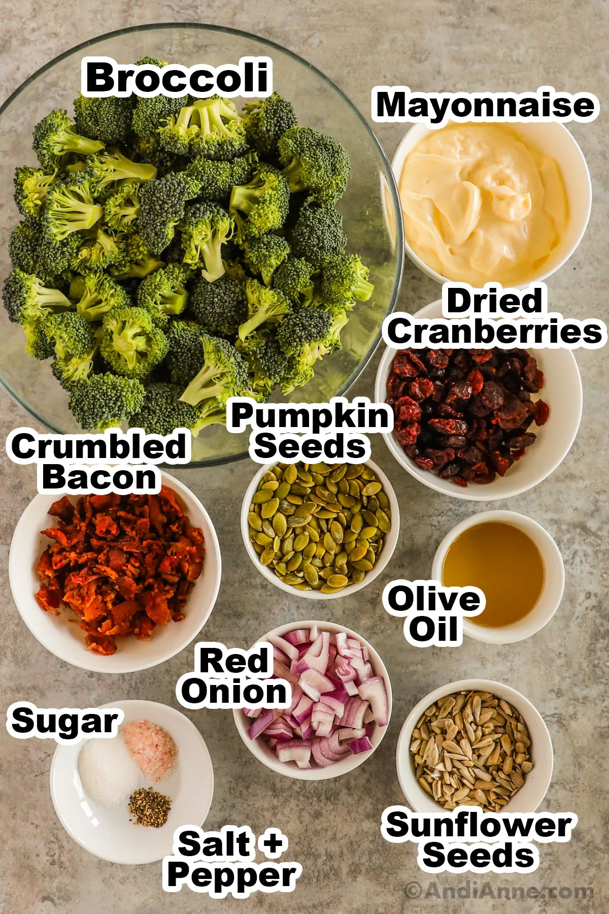 Recipe ingredients in bowls including broccoli florets, bowl of mayonnaise, dried cranberries, crumbled bacon, seeds, olive oil, red onion, salt and pepper.