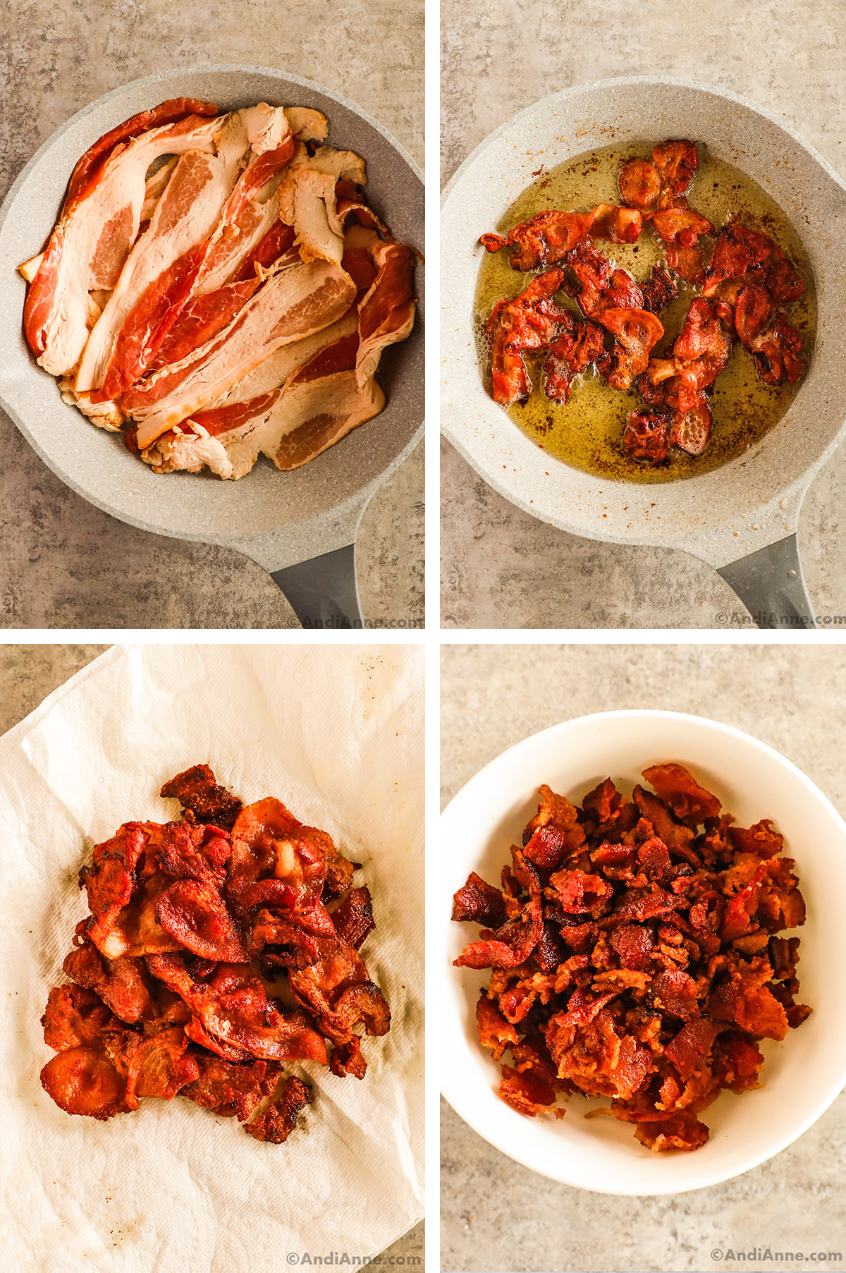 Four images of steps to make bacon. First two are frying pan with raw bacon strips, then cooked bacon. Third is crispy bacon on paper towel, fourth is bowl of crumbled bacon.
