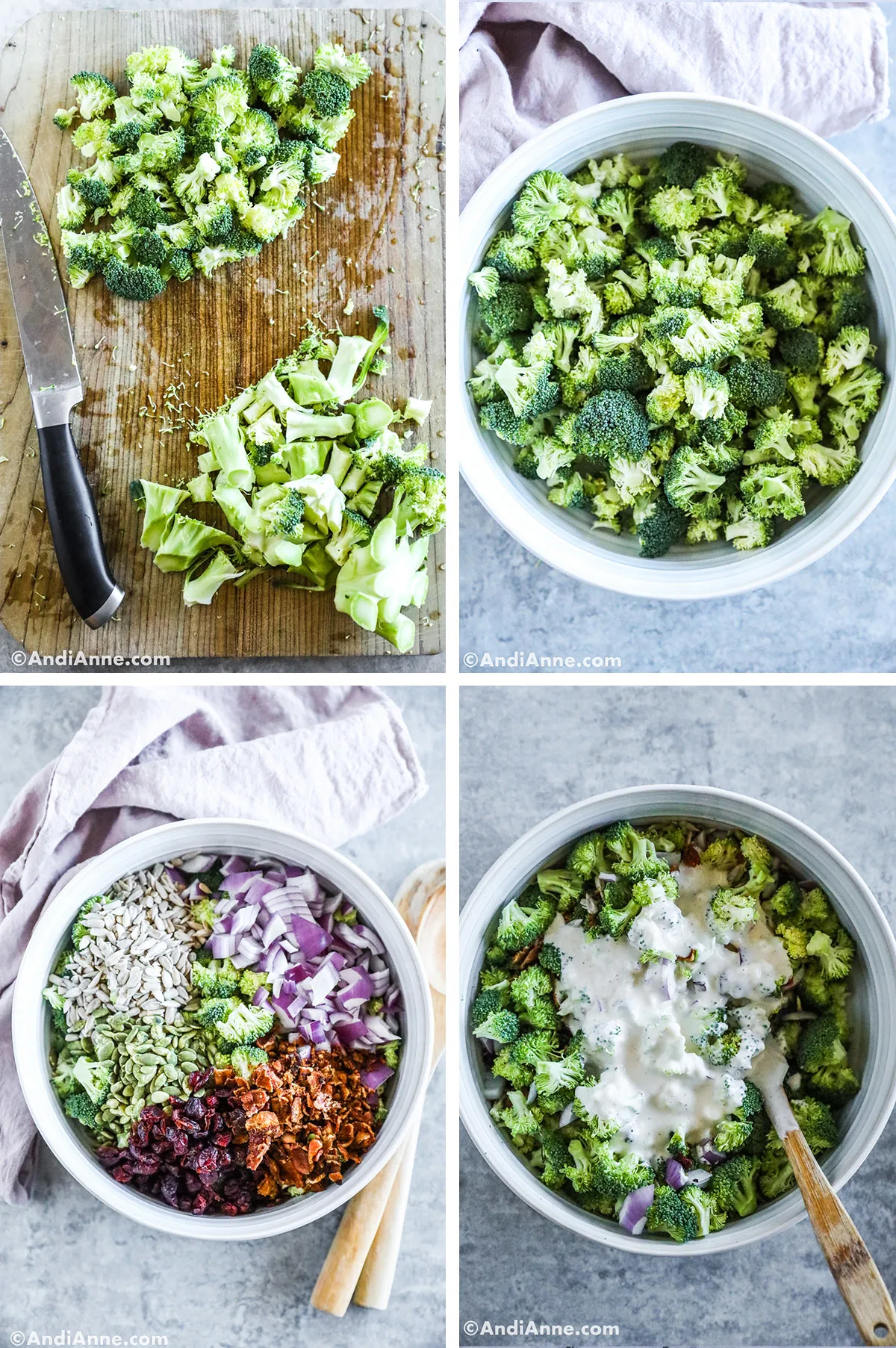 Four images grouped together including chopped broccoli florets, a bowl of broccoli florets, various ingredients in a large bowl, and broccoli florets in a bowl with creamy sauce on top.