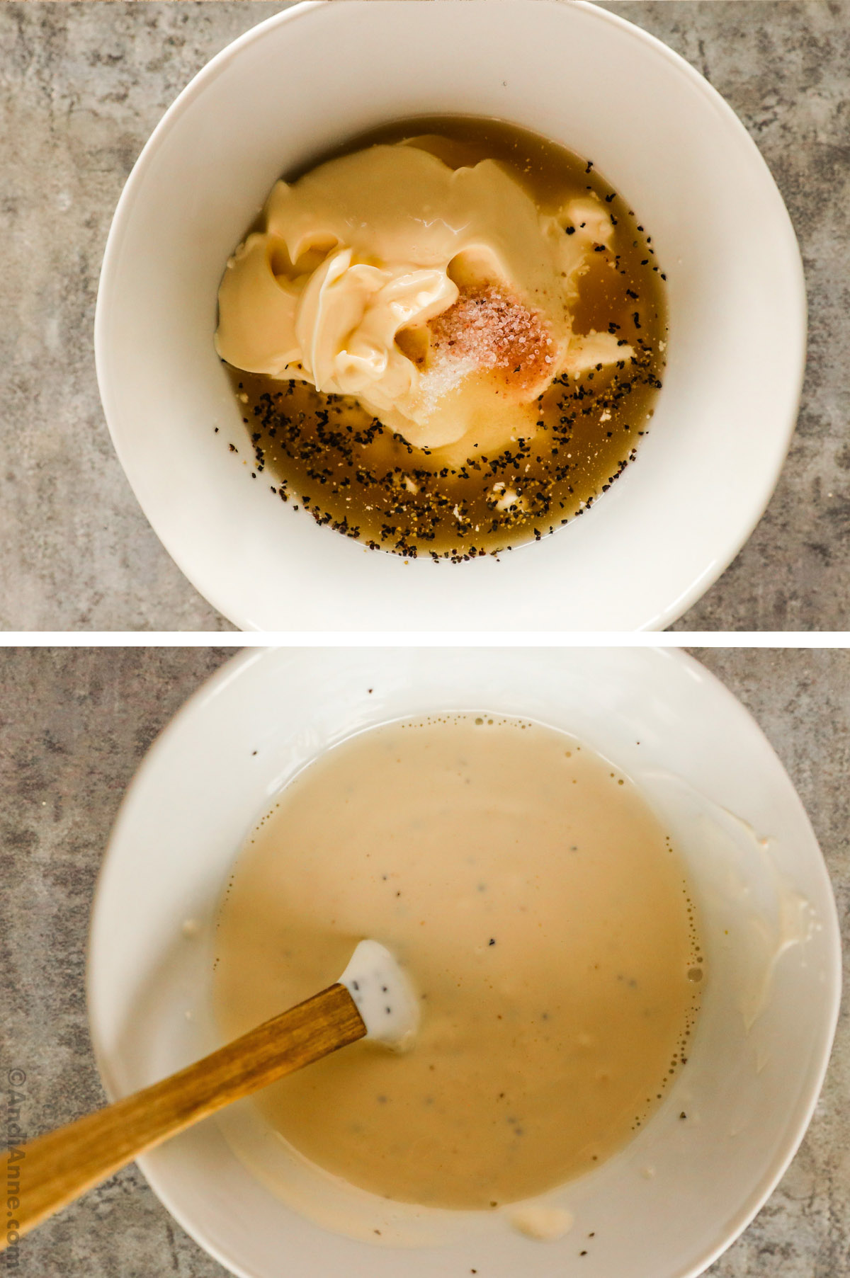 Bowl of mayonnaise, oil and spices first unmixed and then mixed.