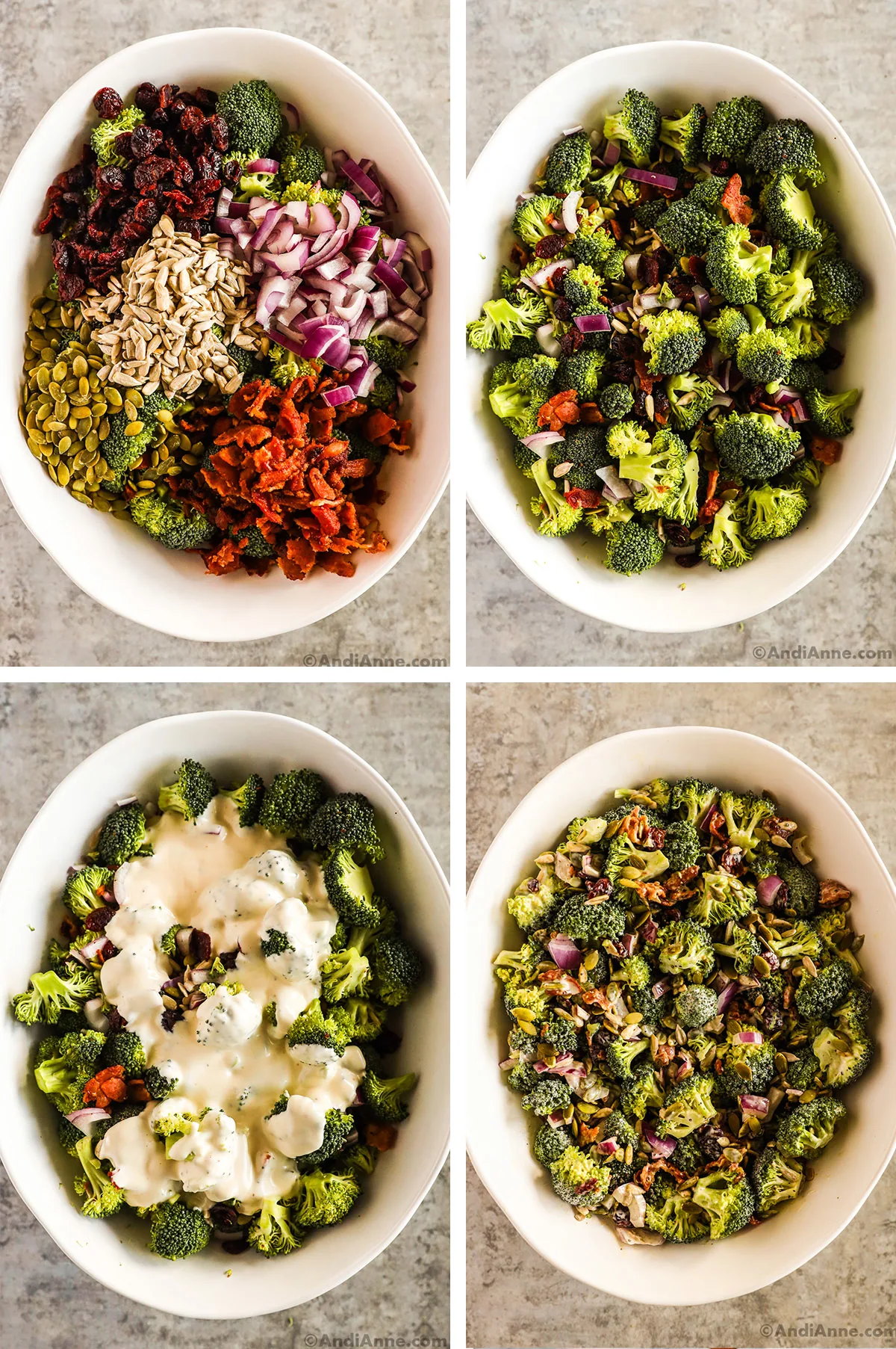 Four images grouped together. First is bowl of broccoli, cranberries, bacon, onion and seeds unmixed. Second is ingredients mixed together.  Third is creamy dressing dumped on top. Fourth is ingredients mixed together.