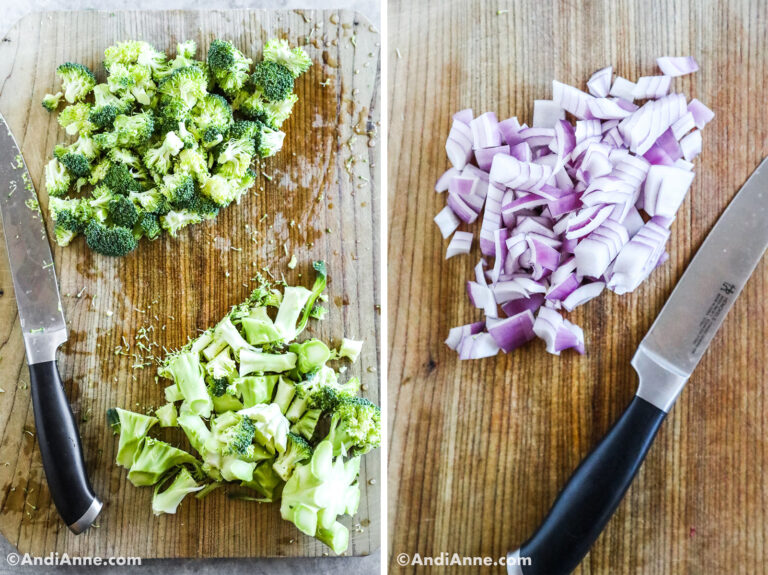 Chopped broccoli and red onion on a cutting board with a knife.
