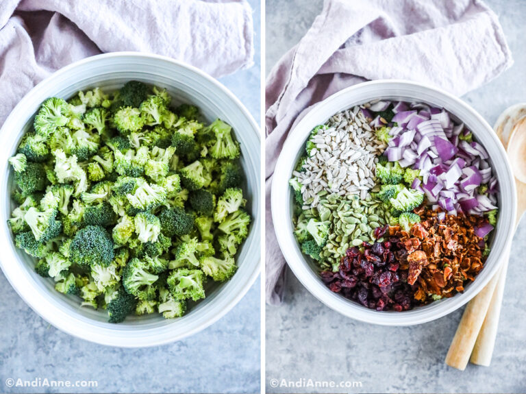 Two images of a white bowl, first with broccoli florets, second with salad ingredients dumped in.