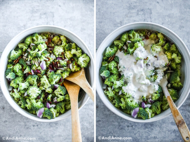 Two images of a white bowl, first with raw salad ingredients. Second with creamy dressing dumped on top.