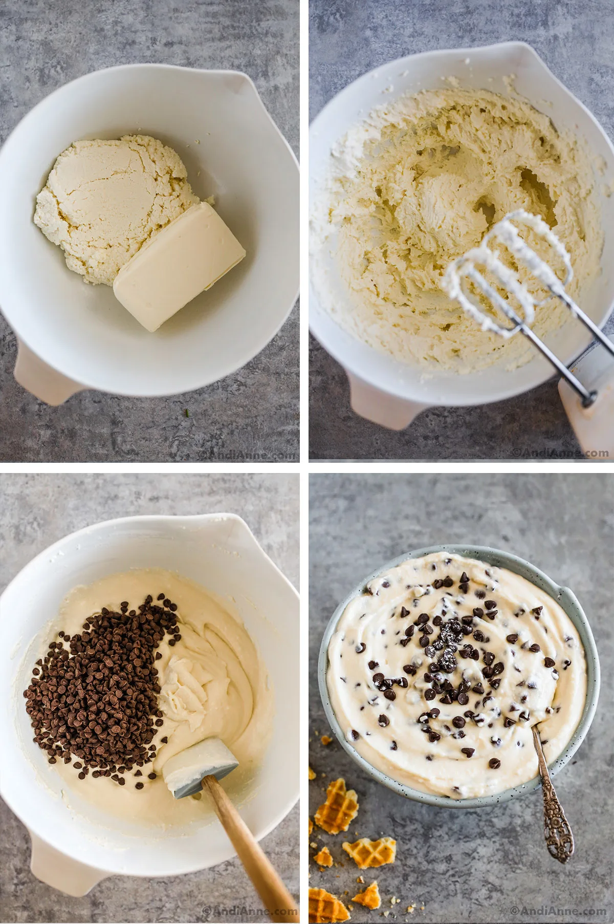 Four images showing steps to make recipe. First is ricotta cheese and cream cheese. Second is creamed cheeses in a bowl with electric mixer. Third is creamy white mixture topped with mini chocolate chips. Fourth is cannoli dip recipe in a bowl with chocolate chips and a spoon. 