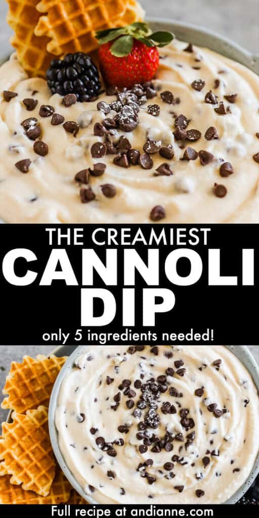 Two images of cannoli dip and waffle cookies with the text "the creamiest cannoli dip"