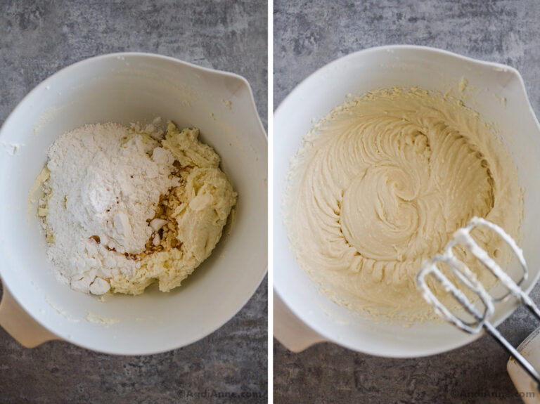 Two images with a white bowl and ingredients: first has confectioners sugar and vanilla dumped on top of creamy cheese mixture. Second is final white creamed mixture with electric mixer.