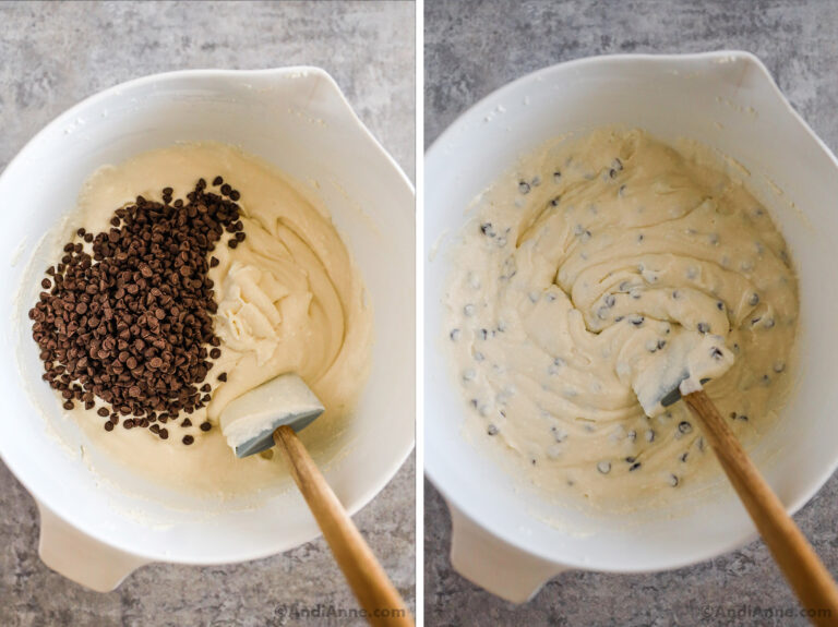 Two images, mini chocolate chips dumped on top of creamy cannoli dip. Second is chocolate chips mixed into cannoli dip.