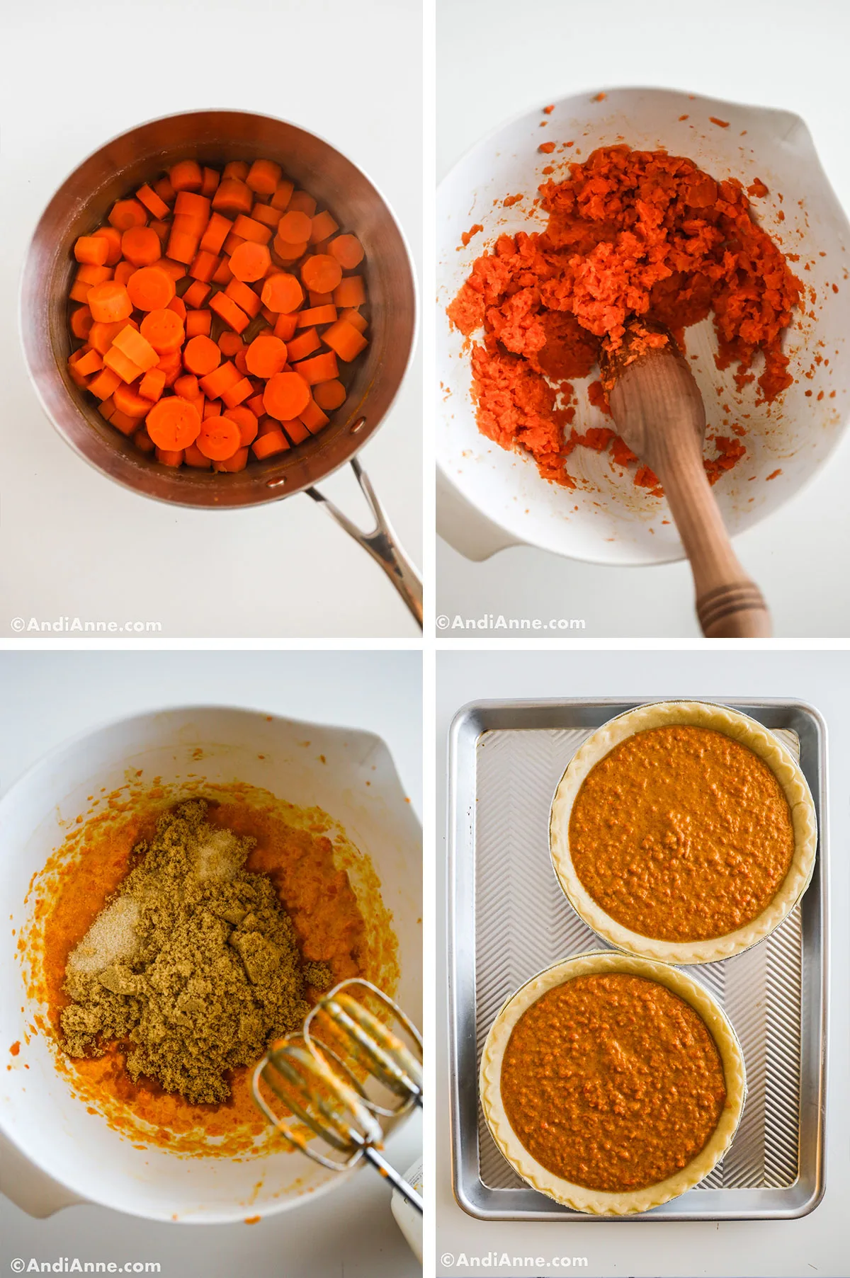 Four images showing steps to make a recipe including a pot of chopped carrots, pureed carrots in a bowl, brown sugar dumped over pureed carrots in a bowl, and two unbaked carrot pies on a baking sheet.